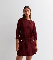 New Look Red Check Jacquard Pocket Front 3/4 Sleeve Mini Shift Dress